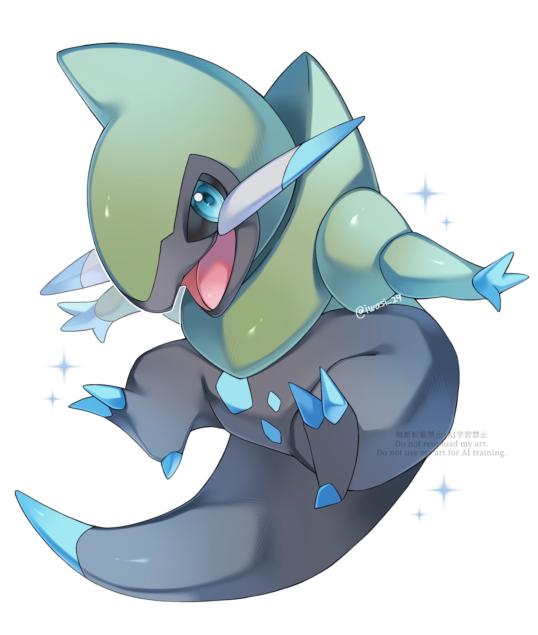 iwasi 29, nintendo, pokemon, character request, highres, blue eyes, full body, looking at viewer, no humans, open mouth, pokemon (creature), simple background, smile, solo, twitter username, watermark, white background