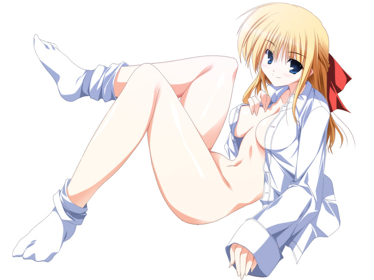 yuuki makoto (radiant), sera kasumi, akiiro renka, 1girl, blonde hair, blue eyes, blush, bottomless, breasts, dress shirt, female focus, hair ribbon, long sleeves, loose socks, naked shirt, navel, nightshirt, no bra, no panties, open clothes, open shirt, oversized clothes, ribbon, shirt, simple background, small breasts, smile, socks, solo, tabi, white socks