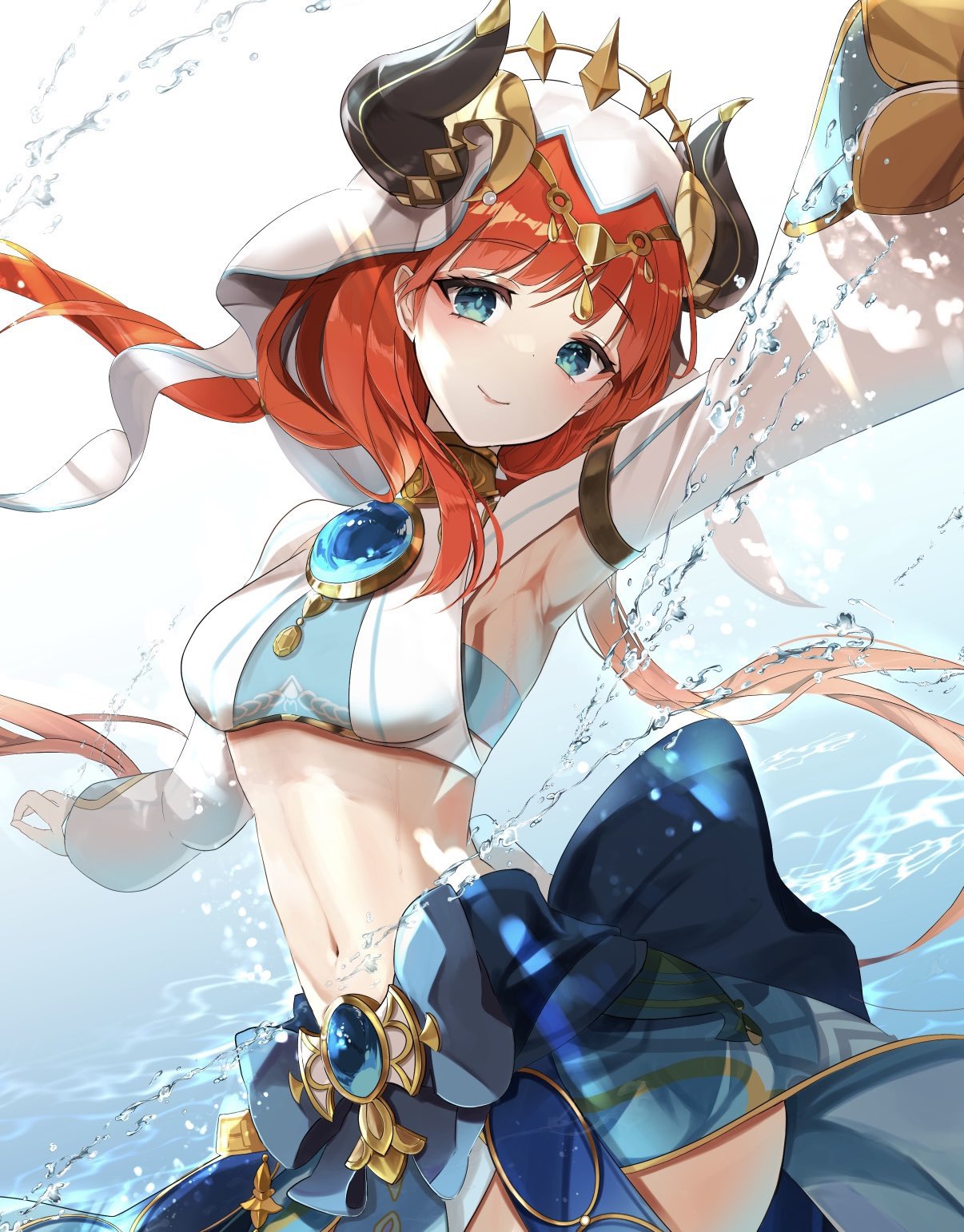 riko (naekichi0), nilou (genshin impact), genshin impact, commentary request, highres, 1girl, armpits, black horns, blue brooch, blue eyes, blue skirt, breasts, brooch, closed mouth, cowboy shot, crop top, fake horns, harem outfit, horns, jewelry, long hair, looking at viewer, midriff, navel, red hair, skirt, small breasts, smile, solo, veil, white veil
