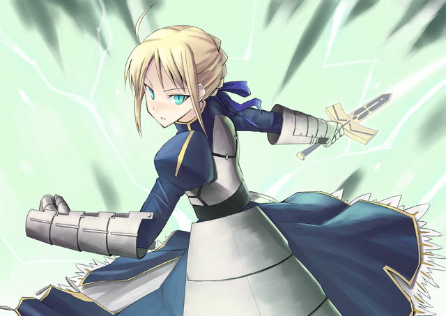 kakifly, artoria pendragon (fate), saber (fate), fate/stay night, fate (series), 00s, 1girl, ahoge, aqua eyes, armor, armored dress, blonde hair, dress, excalibur (fate/stay night), faulds, female focus, green eyes, solo, sword, weapon