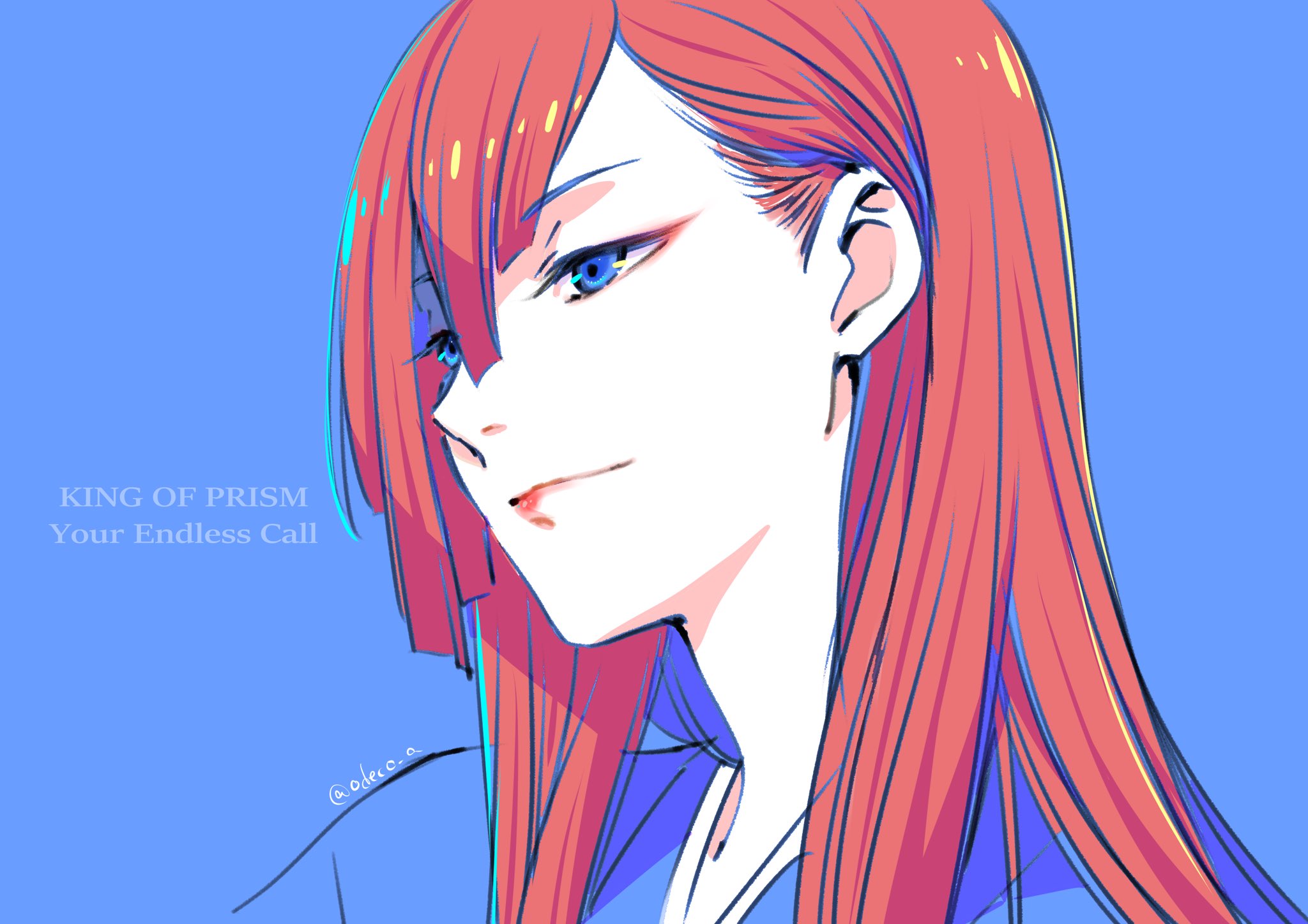 matsuura mai, tachibana yukinojou, pretty rhythm, pretty series, commentary, hashtag-only commentary, highres, blue background, blue eyes, blunt bangs, closed mouth, copyright name, eyeliner, king of prism, lips, long hair, makeup, male focus, red eyeliner, red hair, red lips, simple background, smile, solo, upper body