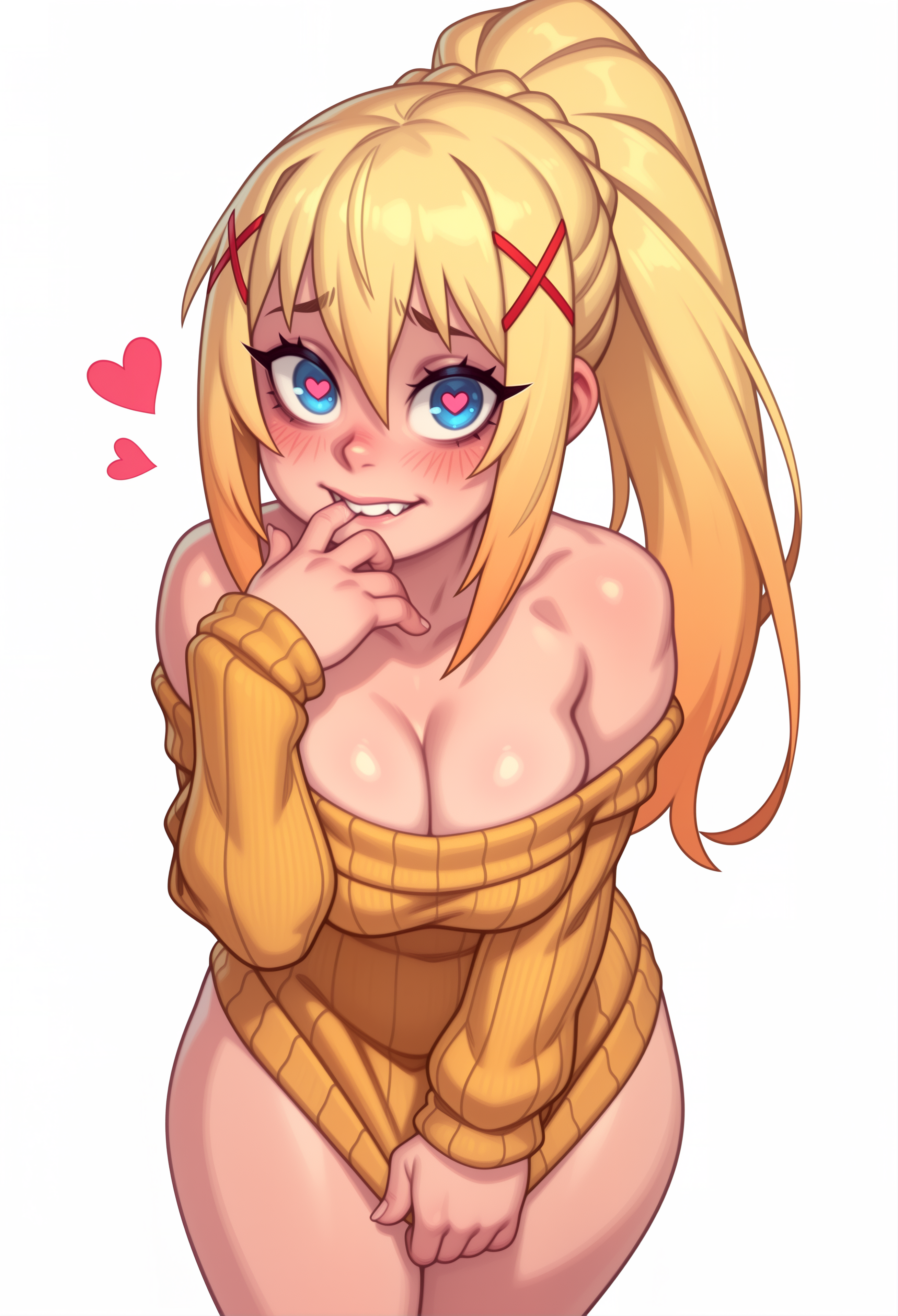 darkness (konosuba), kono subarashii sekai ni shukufuku wo!, absurdres, commentary, english commentary, highres, 1girl, alternate costume, bare shoulders, blonde hair, blue eyes, blush, breasts, cleavage, clothes tug, collarbone, cowboy shot, dress, fang, finger in own mouth, hair between eyes, hair ornament, heart, heart-shaped pupils, large breasts, long hair, long sleeves, looking at viewer, off-shoulder sweater, off shoulder, ponytail with braided base, ribbed sweater, simple background, skulljack, solo, sweater, sweater dress, sweater tug, symbol-shaped pupils, white background, x hair ornament