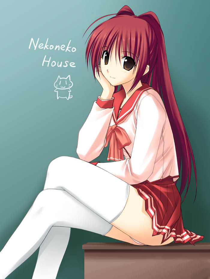 takepon, kousaka tamaki, to heart (series), to heart 2, jpeg artifacts, 00s, bow, brown eyes, crossed legs, long hair, miniskirt, panties, pleated skirt, red hair, school uniform, serafuku, sitting, skirt, solo, thighhighs, underwear, white panties, white thighhighs