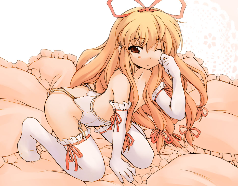 hirasaka makoto, yakumo yukari, yakumo yukari (young), touhou, 1girl, ;o, aged down, alternate costume, arm support, ass, bed, blonde hair, bow, brown eyes, butt crack, collarbone, elbow gloves, female focus, frilled pillow, frills, gloves, hair between eyes, hair bow, kneeling, lingerie, loli, long hair, looking at viewer, low-tied long hair, multiple hair bows, on bed, one eye closed, pillow, pink theme, rubbing eyes, sleepy, solo, thighhighs, topless female, underwear, very long hair, white background, white gloves, white thighhighs