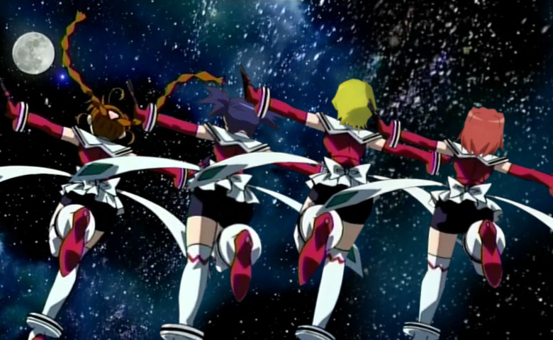 arika yumemiya, erstin ho, irina woods, nina wang, poe (zelda), my-otome, uniform, third-party edit, 00s, 4girls, blonde hair, bow, brown hair, dancing, endsong, from behind, full body, full moon, long hair, moon, multiple girls, outstretched arms, purple hair, red hair, short hair, sky, star (sky), starry sky, twintails, very long hair, white bow