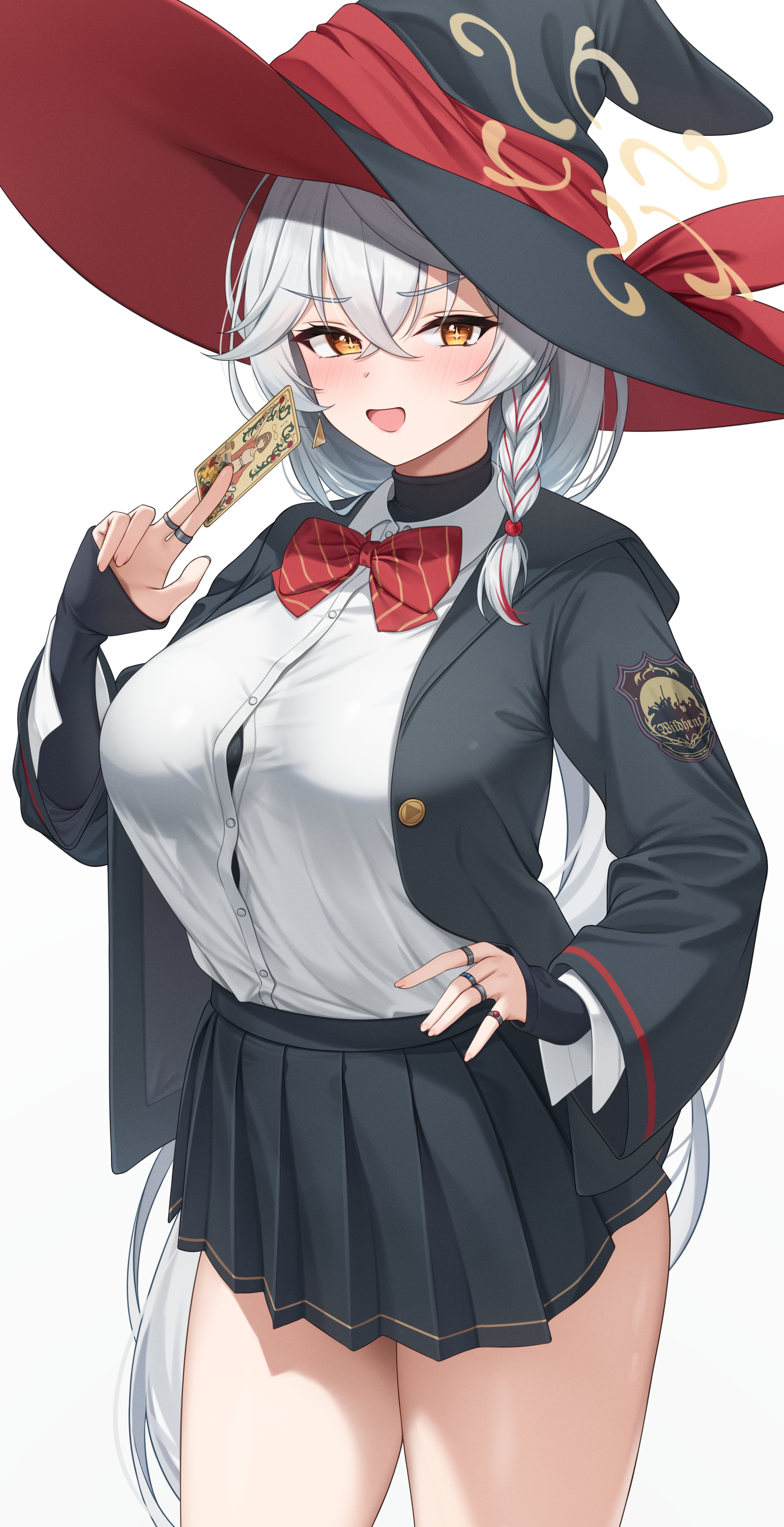 eri (blue archive), blue archive, absurdres, commentary, highres, 1girl, :d, black jacket, black skirt, blush, bow, bowtie, braid, breasts, button gap, buttons, card, collared shirt, crossed bangs, diagonal-striped bow, diagonal-striped bowtie, diagonal-striped clothes, gold trim, hair between eyes, halo, hand on own hip, hand up, hat, hat ribbon, hayasi iru, holding, holding card, jacket, jewelry, large breasts, long hair, long sleeves, looking at viewer, miniskirt, multicolored hair, multiple rings, open clothes, open jacket, open mouth, pleated skirt, red bow, red bowtie, red ribbon, red streaks, red trim, ribbon, ring, shirt, side halo, simple background, single braid, skirt, smile, solo, sparkling eyes, standing, streaked hair, striped bow, striped bowtie, striped clothes, thighs, two-sided fabric, two-sided headwear, very long hair, white background, white hair, white shirt, wild hunt academy of arts logo, witch, witch hat, yellow eyes, yellow halo