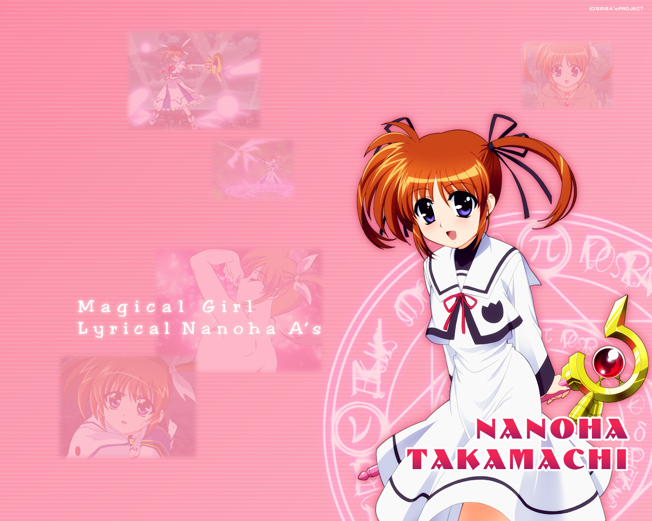 okuda yasuhiro, raising heart, raising heart (device mode), takamachi nanoha, lyrical nanoha, mahou shoujo lyrical nanoha, mahou shoujo lyrical nanoha a's, 00s, 1girl, character name, copyright name, female focus, magic circle, magical girl, orange hair, red hair, school uniform, serafuku, solo, twintails