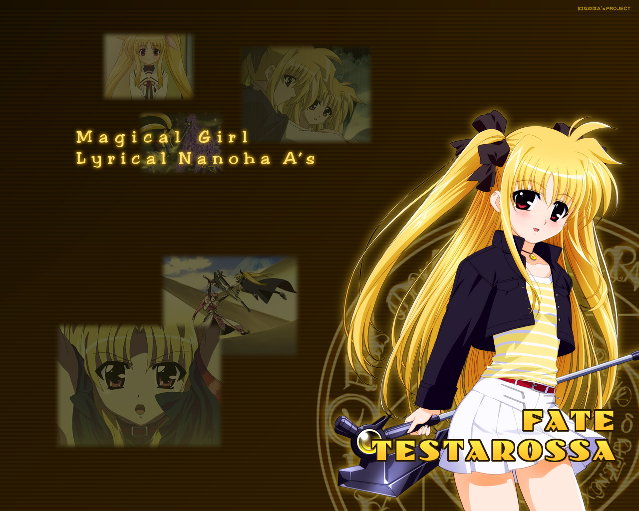 okuda yasuhiro, alicia testarossa, bardiche (device form) (nanoha), bardiche (nanoha), fate testarossa, signum, lyrical nanoha, mahou shoujo lyrical nanoha, mahou shoujo lyrical nanoha a's, 00s, 3girls, axe, blonde hair, hair ribbon, jacket, long hair, multiple girls, open clothes, open jacket, ponytail, red eyes, ribbon, shirt, siblings, sisters, skirt, standing, striped clothes, striped shirt, twintails, very long hair, waist cape, weapon, white skirt, yellow shirt