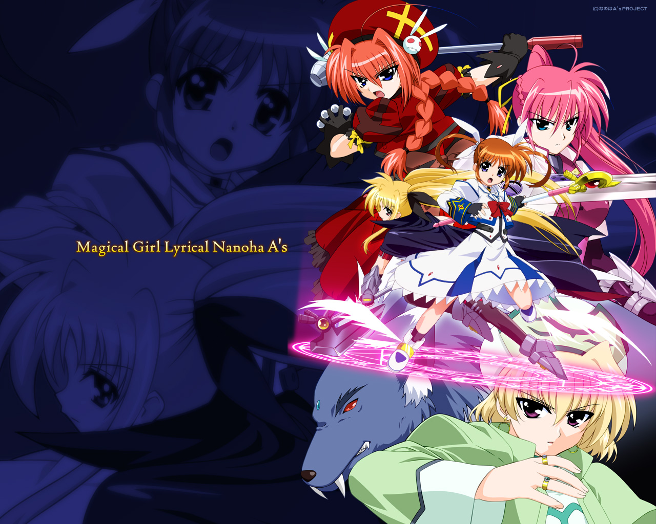 bardiche (assault form) (nanoha), bardiche (nanoha), fate testarossa, fate testarossa (lightning form), graf eisen, klarwind, laevatein (nanoha), raising heart, raising heart (accel mode), shamal, signum, takamachi nanoha, takamachi nanoha (sacred mode), vita (nanoha), zafira, lyrical nanoha, mahou shoujo lyrical nanoha, mahou shoujo lyrical nanoha a's, winged footwear, 00s, 5girls, arm belt, blonde hair, blue eyes, bow, braid, copyright name, earrings, fangs, fingerless gloves, gauntlets, gloves, hammer, jacket, jewelry, magazine (weapon), magic circle, magical girl, multiple girls, open clothes, open jacket, orange hair, pink hair, ponytail, purple eyes, red bow, red hair, ring, shoes, staff, sword, twin braids, twintails, weapon, whip sword, white devil, wings, wolf, zoom layer