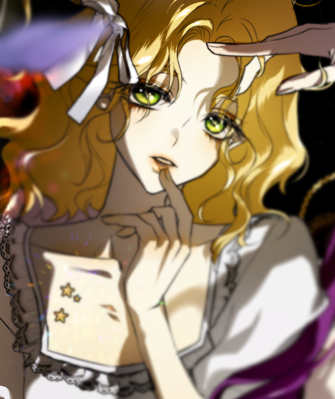 sam (cedar kr), psyche callista, your throne, bad source, commentary request, highres, korean commentary, official art, 1girl, 1other, blonde hair, dress, finger to mouth, green eyes, hair ribbon, hand in another's hair, medium hair, multiple girls, parted lips, portrait, purple hair, ribbon, solo focus, star (symbol), white dress, white ribbon