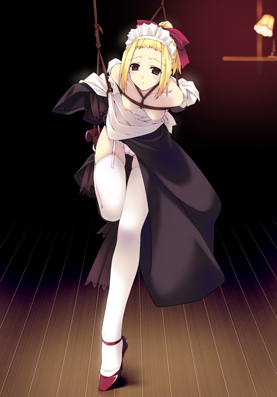 murakami suigun, f-ism, original, 1girl, assisted exposure, bdsm, blonde hair, bondage, bound, female focus, garter belt, garter straps, hair ribbon, high heels, maid, mary janes, nipples, red shoes, ribbon, shibari, shoes, solo, thighhighs, tiptoes, white thighhighs