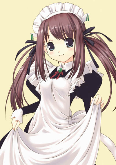 murakami suigun, 1girl, blue eyes, brown hair, female focus, jewelry, maid, simple background, smile, solo, twintails