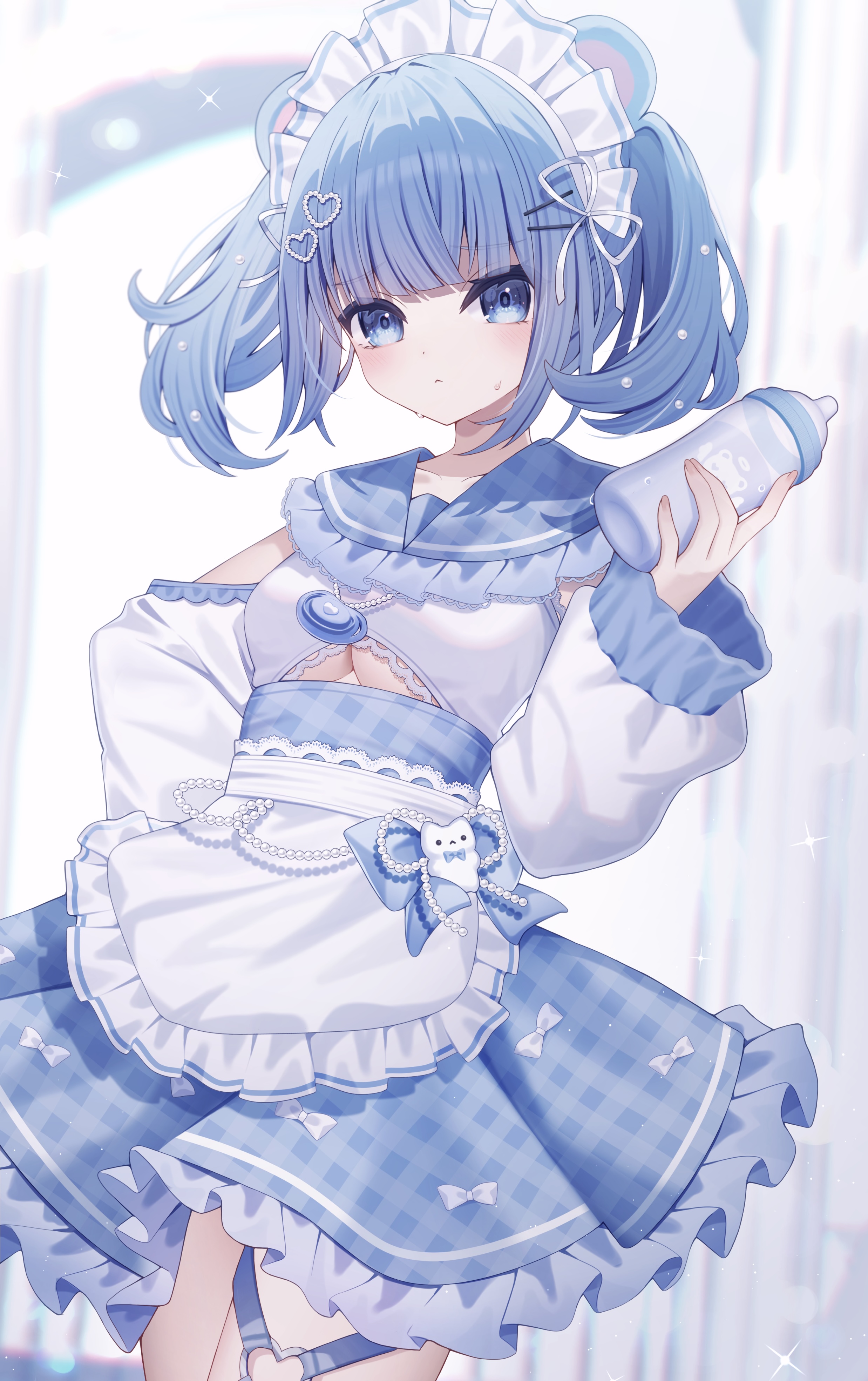 sapphire (sapphire25252), original, absurdres, commentary request, highres, 1girl, animal ears, apron, baby bottle, blue bow, blue dress, blue eyes, blue hair, blue skirt, blush, bottle, bow, breasts, cleavage, closed mouth, clothing cutout, collarbone, dress, frilled apron, frilled skirt, frills, hair between eyes, hair ornament, hand up, headdress, holding, holding bottle, long sleeves, looking at viewer, medium breasts, plaid clothes, plaid skirt, puffy long sleeves, puffy sleeves, skirt, sleeves past wrists, solo, sweat, twintails, underboob, underboob cutout, waist apron, white apron
