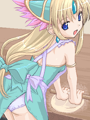 takayaki, riesz, seiken densetsu, seiken densetsu 3, lowres, 1girl, apron, ass, blonde hair, blue eyes, bow, cooking, dough, earrings, female focus, from behind, hair bow, jewelry, lace, lace-trimmed panties, lace trim, leaning forward, long hair, looking back, low-tied long hair, oekaki, panties, pantyshot, solo, underwear, white panties
