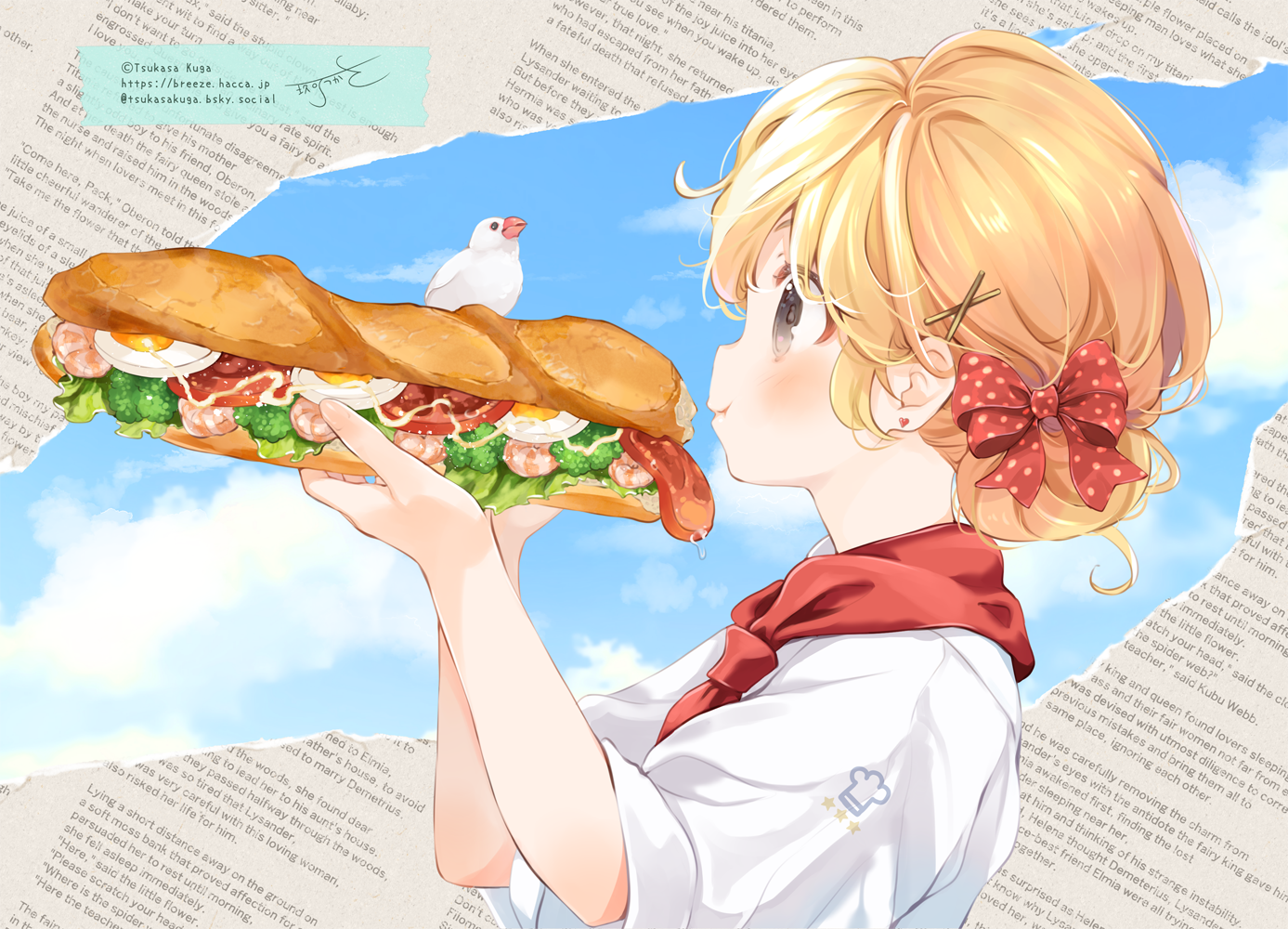 kuga tsukasa, original, commentary request, 1girl, :t, animal, bird, blonde hair, blue sky, bow, closed mouth, cloud, earrings, eating, egg, english text, food, grey eyes, hair bow, hair bun, hair ornament, hairclip, hands up, heart, heart earrings, holding, holding food, java sparrow, jewelry, polka dot, polka dot bow, profile, red bow, sandwich, shirt, short sleeves, sky, solo, stud earrings, text background, tomato, upper body, white shirt, x hair ornament