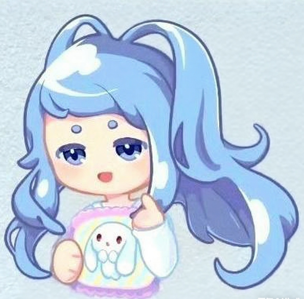 xueying wawa (roco kingdom:world), roco kingdom, 1girl, blue eyes, blue hair, chibi, daer maodou (roco kingdom:world), dream wozi, holding, holding pillow, long hair, long sleeves, looking at viewer, open mouth, pillow, ponytail, roco kingdom:world, short bangs, short eyebrows, smile, solo, upper body