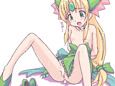 takayaki, riesz, seiken densetsu, seiken densetsu 3, lowres, 1girl, aftersex, arms behind back, blonde hair, blush, breasts, cum, cum in pussy, cumdrip, female focus, forehead jewel, green eyes, long hair, no panties, oekaki, open mouth, simple background, small areolae, small breasts, small nipples, solo, spread legs, sweat, tears, topless female, uncensored, white background