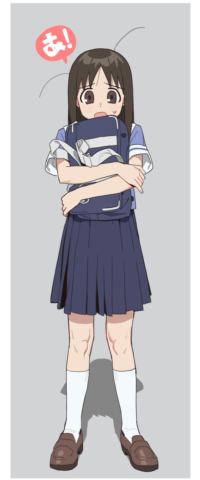 cyjalway, kasuga ayumu, azumanga daiou, commentary request, highres, translation request, 1girl, azumanga daioh's school uniform, bag, brown eyes, brown hair, full body, holding, holding bag, loafers, long hair, open mouth, pleated skirt, school bag, school uniform, shadow, shoes, short sleeves, skirt, socks, solo, speech bubble, stray hair, sweat