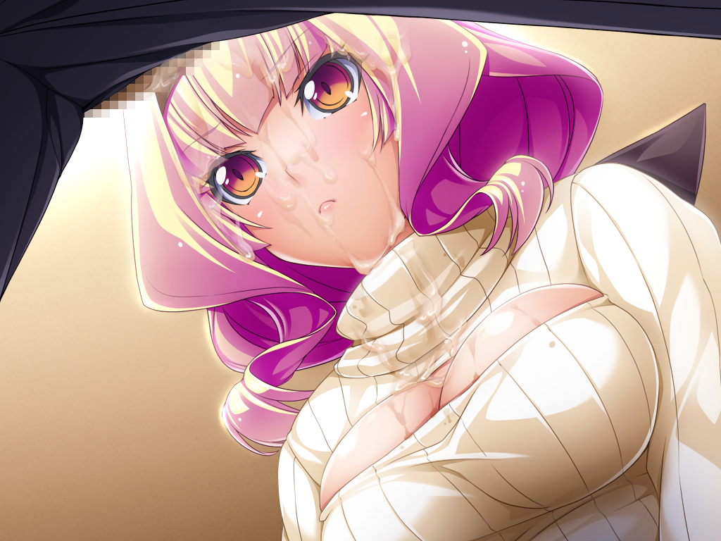 inoino, kouyoku senki exs-tia, game cg, large variant set, non-web source, official art, variant set, 1boy, 1girl, azarin (exs-tia), blush, breasts, censored, cleavage, cleavage cutout, clothing cutout, cum, cum on body, cum on breasts, cum on clothes, cum on hair, cum on upper body, facial, from below, hairband, hetero, large breasts, long hair, mosaic censoring, multicolored hair, open-chest sweater, orange eyes, penis, pink hair, ribbed sweater, solo focus, sweater, turtleneck