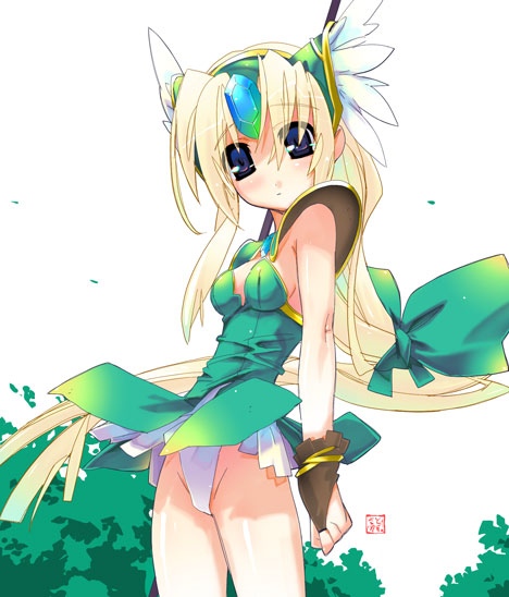 riesz, seiken densetsu, seiken densetsu 3, 1girl, armor, blonde hair, blue eyes, blush, bow, dress, female focus, fingerless gloves, gloves, green dress, hair bow, hair ornament, headdress, long hair, low-tied long hair, panties, ribbon, solo, standing, underwear, very long hair, white panties, wind, wind lift