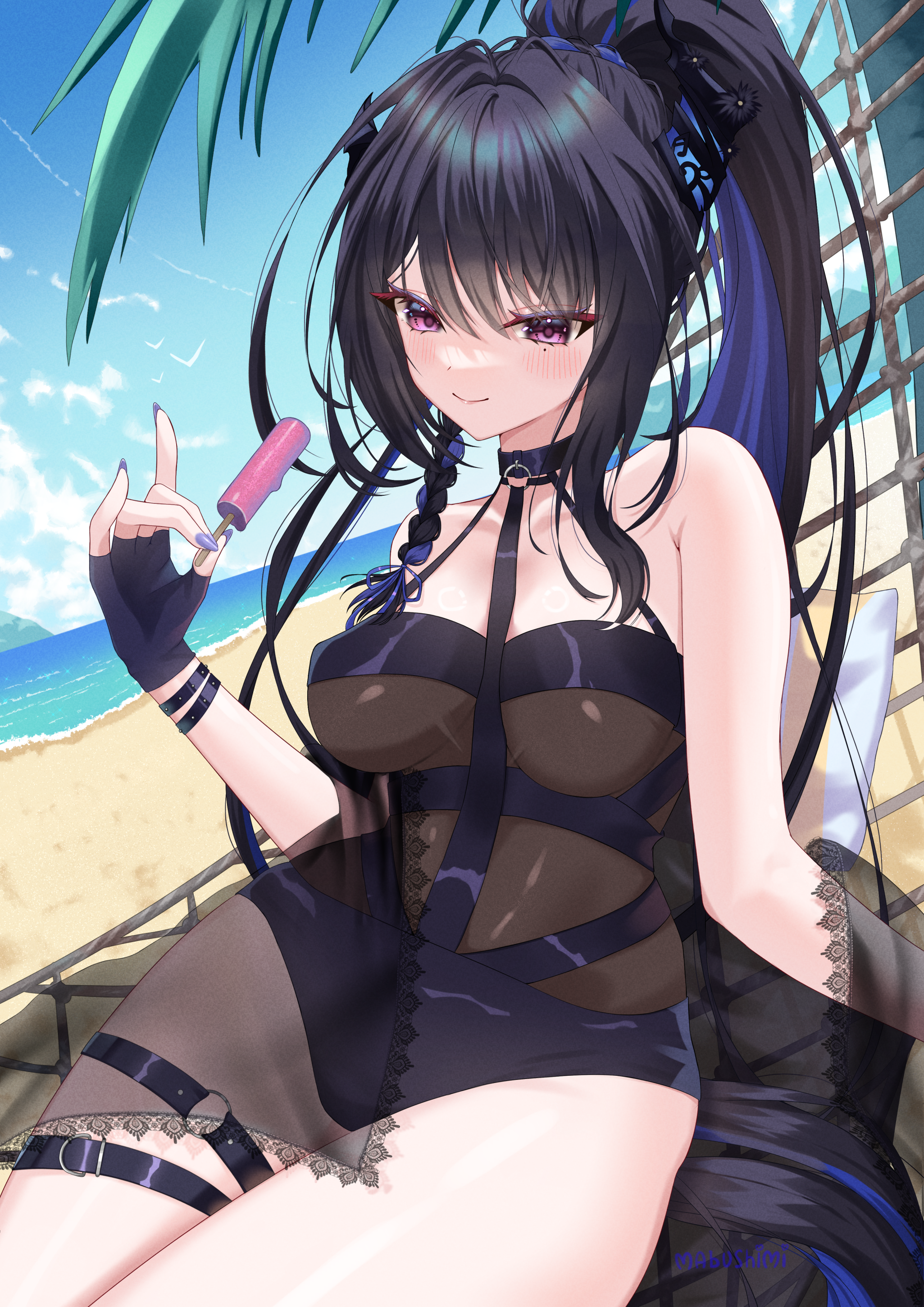 nerissa ravencroft, nerissa ravencroft (holonatsu paradise), hololive, hololive english, absurdres, highres, 1girl, asymmetrical horns, bare shoulders, bikini, bird, blue sky, blush, breasts, closed mouth, cloud, collarbone, colored inner hair, day, demon horns, eyeshadow, food, hammock, high ponytail, holding, holding food, holding popsicle, horns, lace trim, large breasts, light smile, long hair, looking at viewer, mabushimi, makeup, mole, mole under eye, multicolored hair, nail polish, navel, o-ring, o-ring thigh strap, on hammock, one-piece swimsuit, open mouth, outdoors, ponytail, popsicle, purple nails, see-through clothes, sidelocks, sky, smile, solo, streaked hair, swimsuit, swimsuit cover-up, thigh strap, two-tone hair, uneven horns, virtual youtuber, water