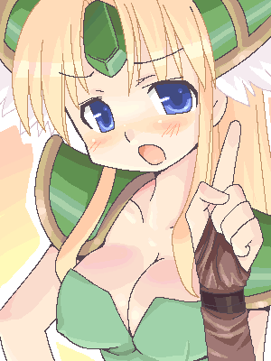 minami juujisei, riesz, valkyrie (seiken densetsu 3), ecchi nano wa ikenai to omoimasu, seiken densetsu, seiken densetsu 3, lowres, md5 mismatch, 1girl, armor, blonde hair, blue eyes, blush, breasts, bridal gauntlets, circlet, cleavage, close-up, covered erect nipples, fantasy, female focus, large breasts, long hair, oekaki, open mouth, pauldrons, pointing, shoulder armor, solo, valkyrie