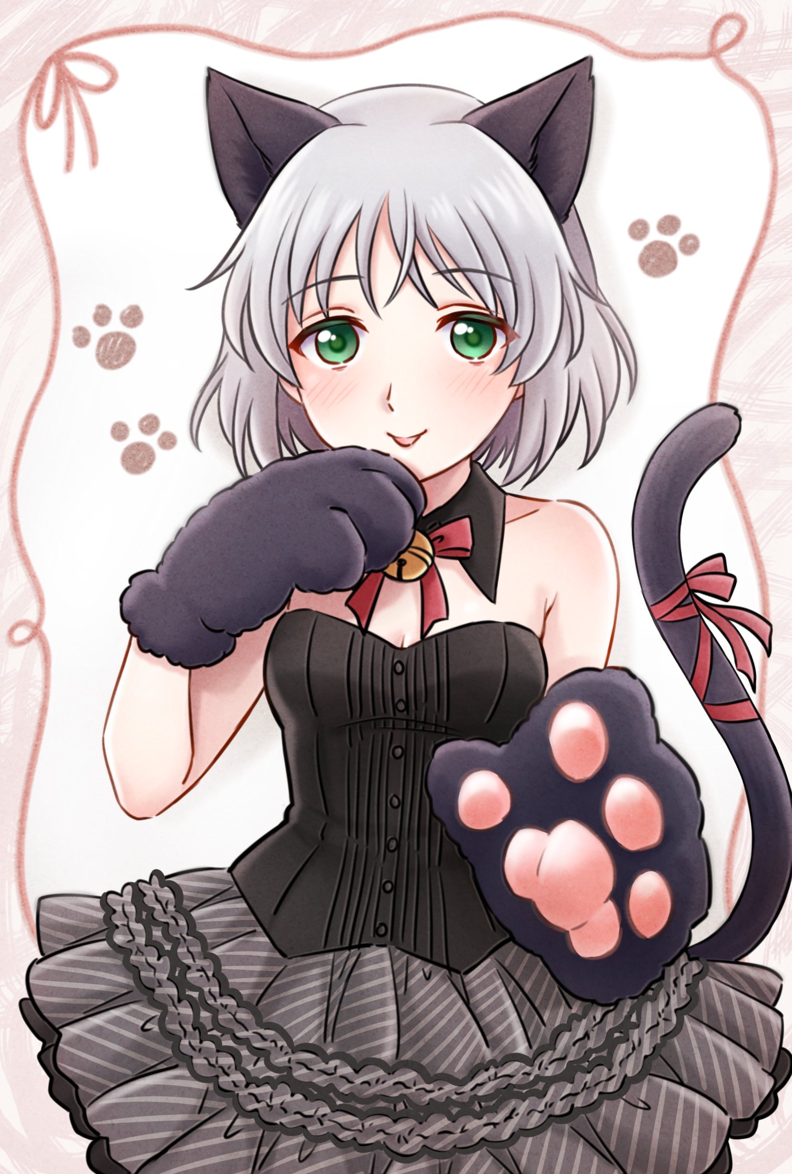 koyomeru, sanya v. litvyak, strike witches, world witches series, absurdres, highres, 1girl, alternate costume, animal ears, bell, black dress, black skirt, blush, cat ears, cat girl, cat tail, dress, feet out of frame, green eyes, long sleeves, red ribbon, ribbon, short hair, skirt, solo, standing, tail, tongue, tongue out, white hair