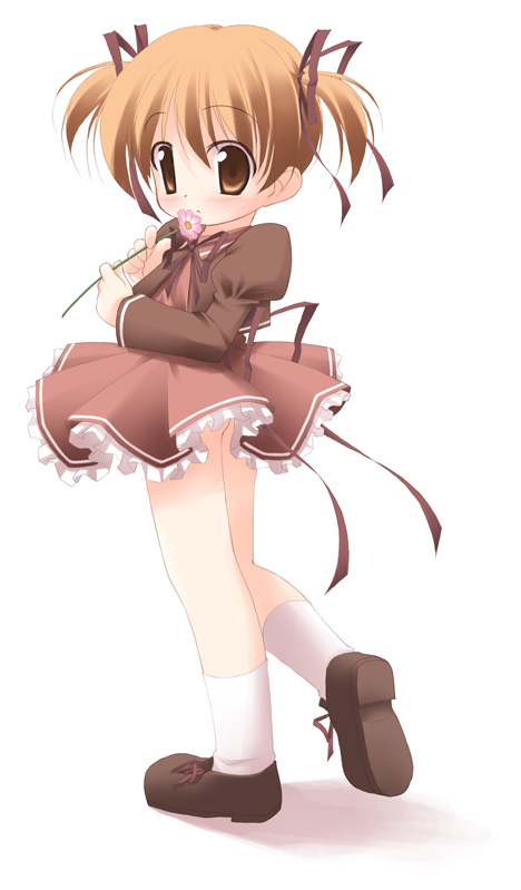 kagura yuuki, hinako (sister princess), sister princess, 00s, 1girl, brown eyes, brown hair, female focus, flower, mary janes, ribbon, shoes, short twintails, socks, solo, twintails