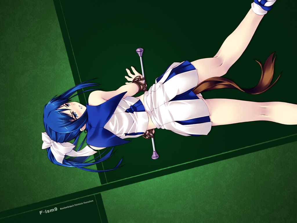 murakami suigun, blue haired girl (murakami suigun), f-ism, original, 1girl, anal beads, anal tail, back, bdsm, blouse, blush, bondage, bound, butt plug, cheerleader, fake tail, female focus, from behind, kneepits, miniskirt, ponytail, rope, sex toy, shirt, skirt, sleeveless, sleeveless shirt, solo, tail, white shirt