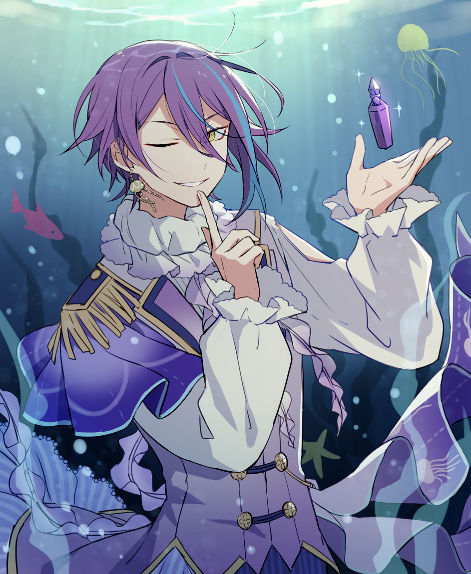 kelp, shachi (kaisendon), kamishiro rui, project sekai, commentary request, 1boy, aqua streaks, aristocratic clothes, buttons, coat, day, double-breasted, earrings, epaulettes, hair between eyes, index finger raised, jellyfish, jewelry, lapels, long sleeves, looking at viewer, male focus, multicolored hair, neck ruff, one eye closed, open mouth, purple coat, purple hair, shirt, short hair, smile, solo, sparkle, speech bubble, starfish, streaked hair, tsurime, underwater, upper body, white shirt, white sleeves, yellow eyes