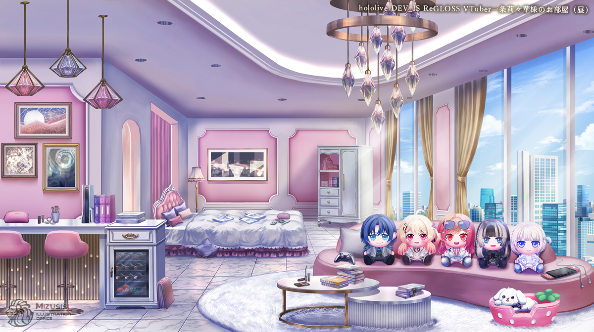 mizushishi, hiodoshi ao, ichijou ririka, juufuutei raden, otonose kanade, todoroki hajime, hololive, hololive dev is, official art, apple, bag, bed, bedroom, book, book stack, bookshelf, bottle, building, ceiling light, chandelier, character doll, closet, cloud, coffee table, compact (cosmetics), controller, copyright notice, cosmetics, couch, counter, curtains, day, dog, doll, food, fruit, game console, game controller, glass door refrigerator, grapes, handheld game console, hanging light, indoors, lamp, lipstick tube, makeup brush, marble (stone), marble floor, mascara wand, minifridge, pet bed, photo (object), picture frame, pillow, playstation 5, poodle, refrigerator, rug, scenery, skyscraper, stool, table, tile floor, tiles, window, wine bottle