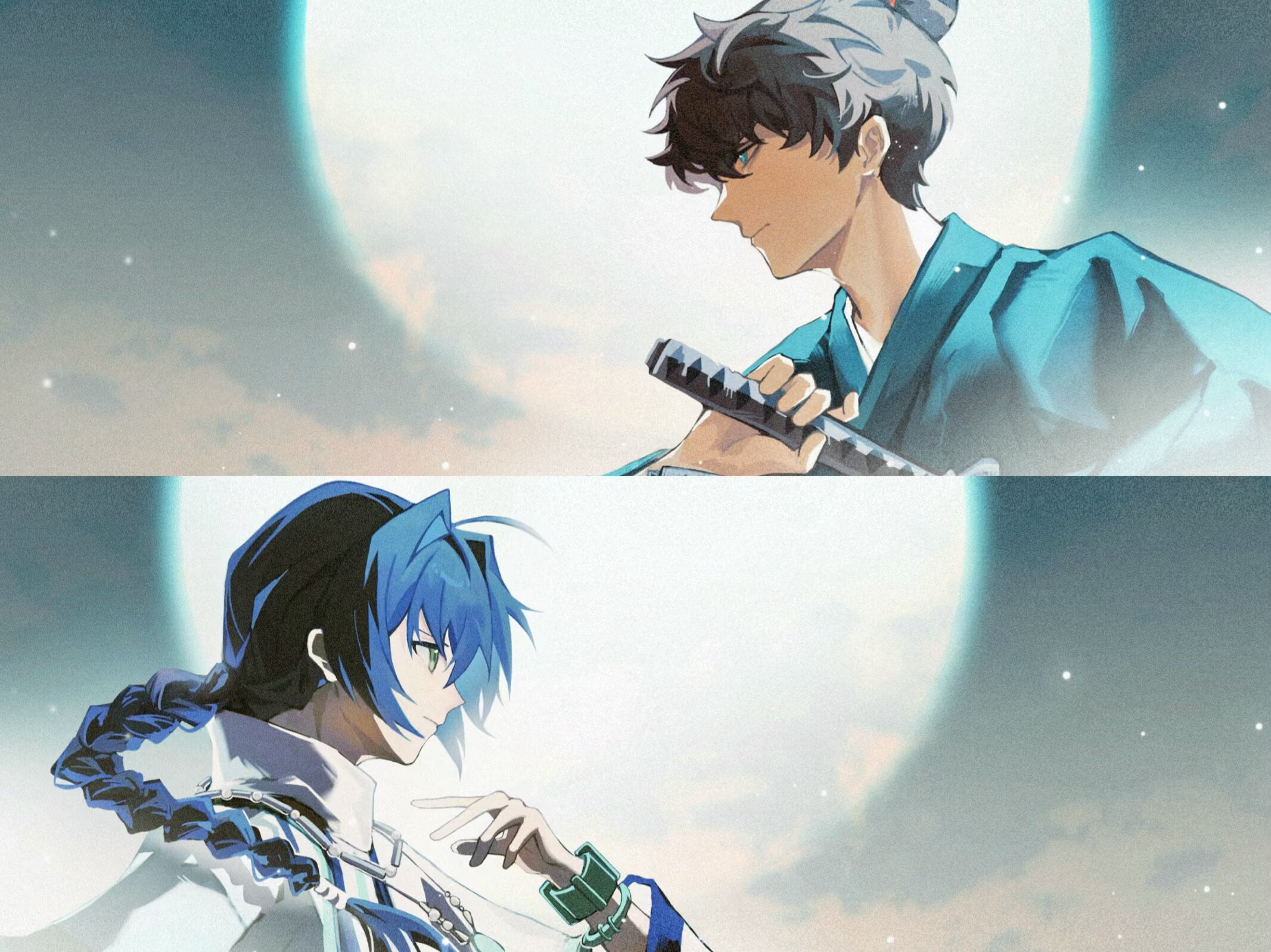 hatashou (qing069), miyamoto iori (fate), yamato takeru (fate), fate/samurai remnant, fate (series), highres, 1boy, 1other, ahoge, amulet, androgynous, black hair, blue kimono, bracelet, braid, fighting stance, full moon, hair intakes, japanese clothes, jewelry, katana, kimono, long braid, moon, necklace, profile, ready to draw, sidelocks, single braid, sword, topknot, weapon