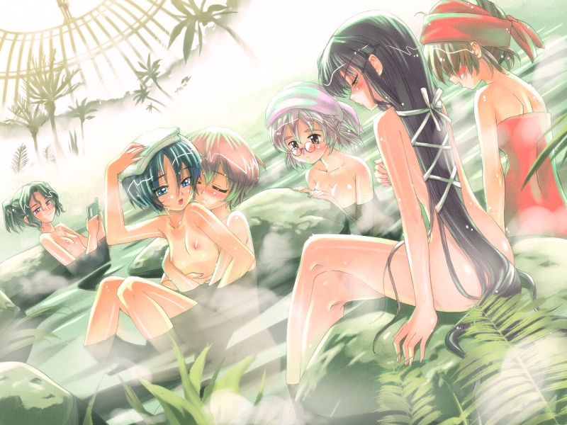 koume keito, anri anriette, chloe witherspoon, clare (sapphism), helena burliuka, nicolle gerald, tenkyouin kanae, sapphism no gensou, glasses, hug, long hair, onsen, ponytail, ribbon, short hair, tanline, towel, yuri
