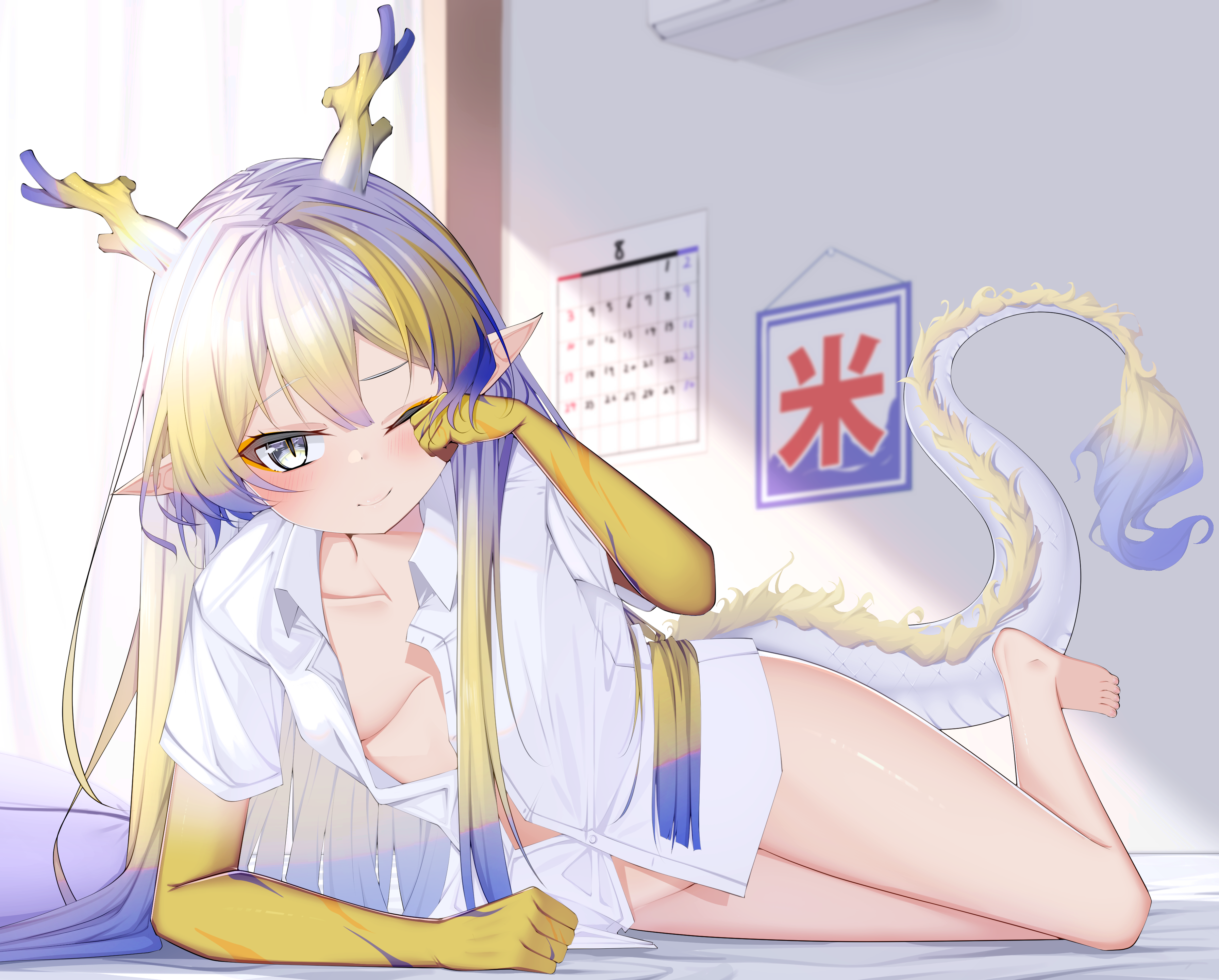tarako (mentaitarasupa), shu (arknights), arknights, absurdres, commentary request, highres, 1girl, barefoot, blonde hair, blush, breasts, calendar (object), closed mouth, collarbone, colored extremities, dragon girl, dragon horns, dragon tail, eyeliner, full body, grey eyes, horns, indoors, long hair, lying, makeup, medium breasts, multicolored hair, naked shirt, one eye closed, orange eyeliner, purple hair, rubbing eyes, shirt, short sleeves, solo, tail, waking up, white hair, white shirt