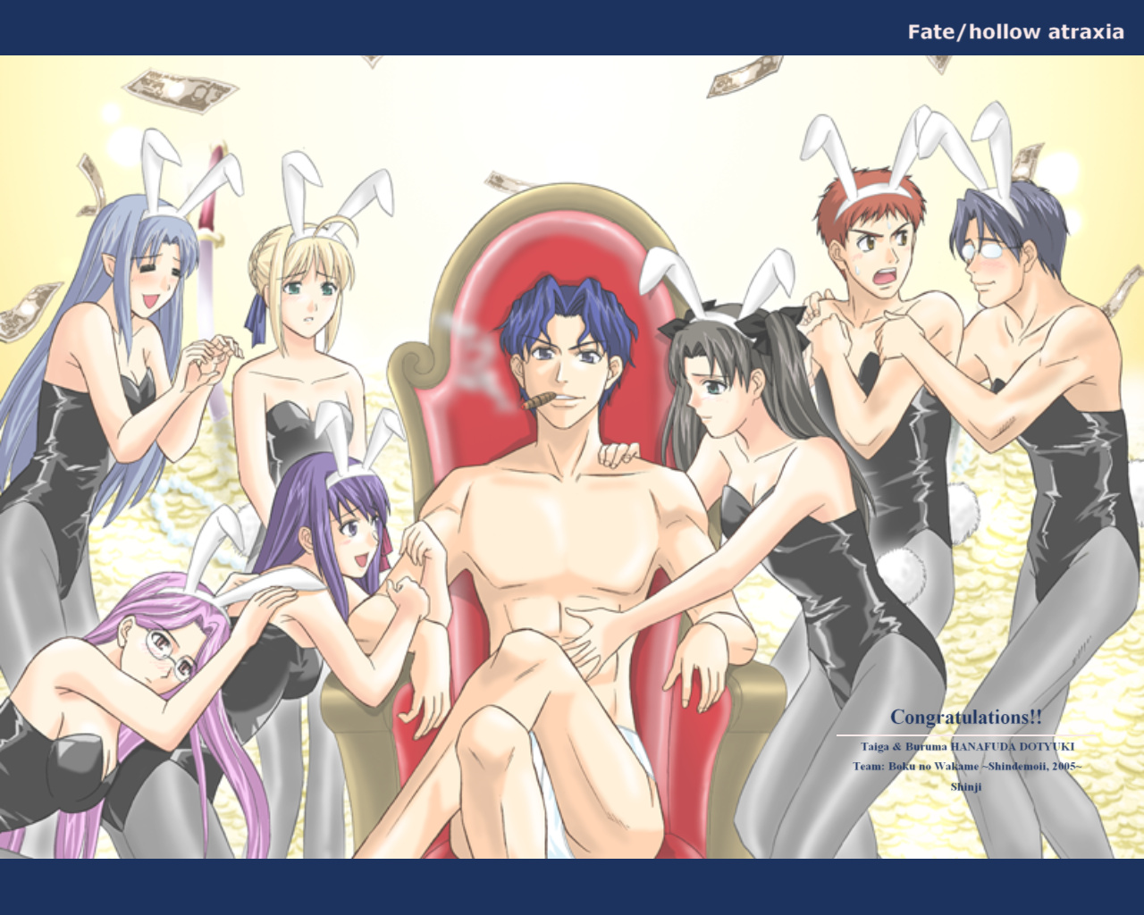 toshibou (satsukisou), artoria pendragon (fate), emiya shirou, matou sakura, matou shinji, medea (caster) (fate), medea (fate), medusa (fate), medusa (rider) (fate), ryuudou issei, saber (fate), tohsaka rin, fate/hollow ataraxia, fate/stay night, fate (series), 00s, 3boys, 5girls, :d, angry, animal ears, black leotard, blush, breasts, crossdressing, everyone, fake animal ears, grin, harem, leotard, looking at another, looking at viewer, money, mouth hold, multiple boys, multiple girls, open mouth, pantyhose, playboy bunny, rabbit ears, rabbit tail, short hair, shy, sitting, smile, smoking, strapless, strapless leotard, tail, wavy hair, yaoi, yuri