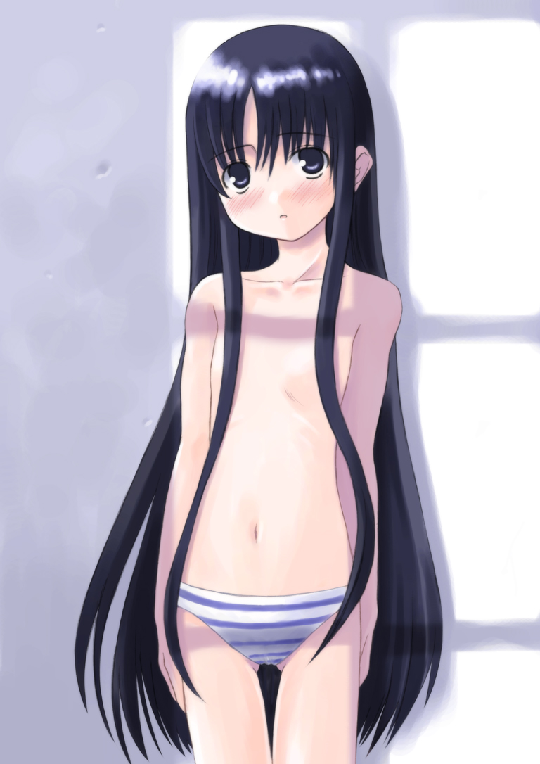 kagura mizuki, copyright request, 1girl, black hair, blue eyes, blush, collarbone, female focus, flat chest, hair censor, hair over breasts, loli, long hair, panties, solo, striped clothes, striped panties, underwear