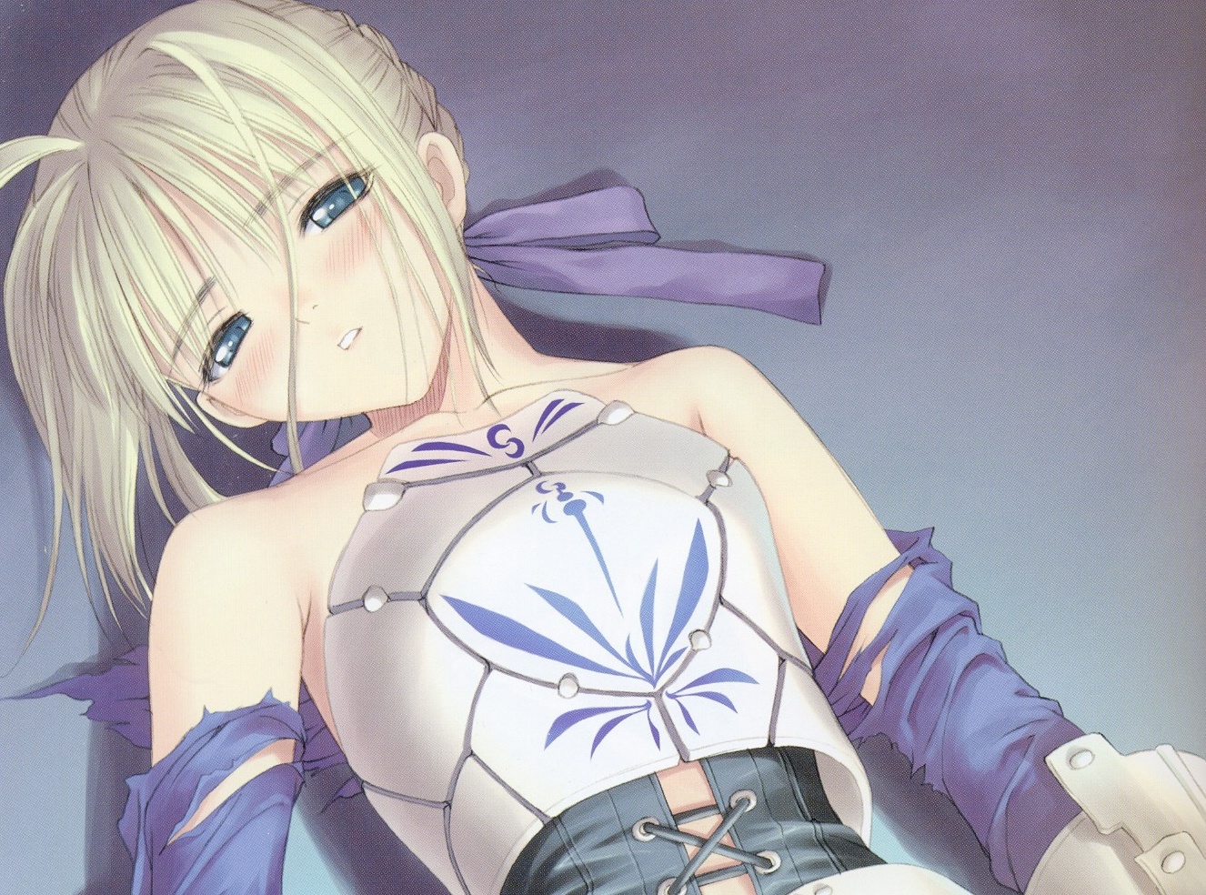 tony taka, artoria pendragon (fate), saber (fate), fate/stay night, fate (series), 00s, 1girl, armor, bare shoulders, blonde hair, female focus, solo, torn clothes