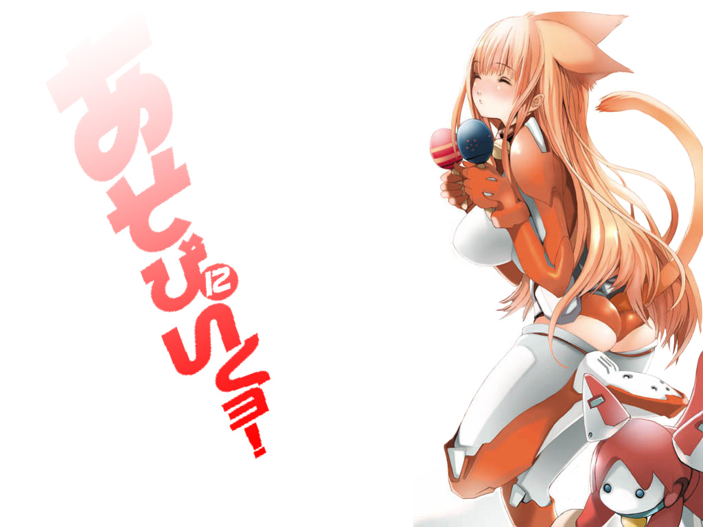 houden eizou, assist-a-roid, eris (asobi ni iku yo!), asobi ni iku yo!, official art, official wallpaper, 1girl, animal ears, ass, bell, belt, belt pouch, blush, bodysuit, boots, bracer, breasts, cat ears, cat tail, closed eyes, clothing cutout, collar, copyright name, extra ears, female focus, from side, gloves, holding, instrument, jingle bell, knee boots, large breasts, leg lift, leg up, leotard, logo, long hair, maracas, neck bell, orange hair, outline, parted lips, pouch, robot, sidelocks, simple background, solo, tail, tail through clothes, thigh boots, thighhighs, turtleneck, very long hair, white background, white thighhighs