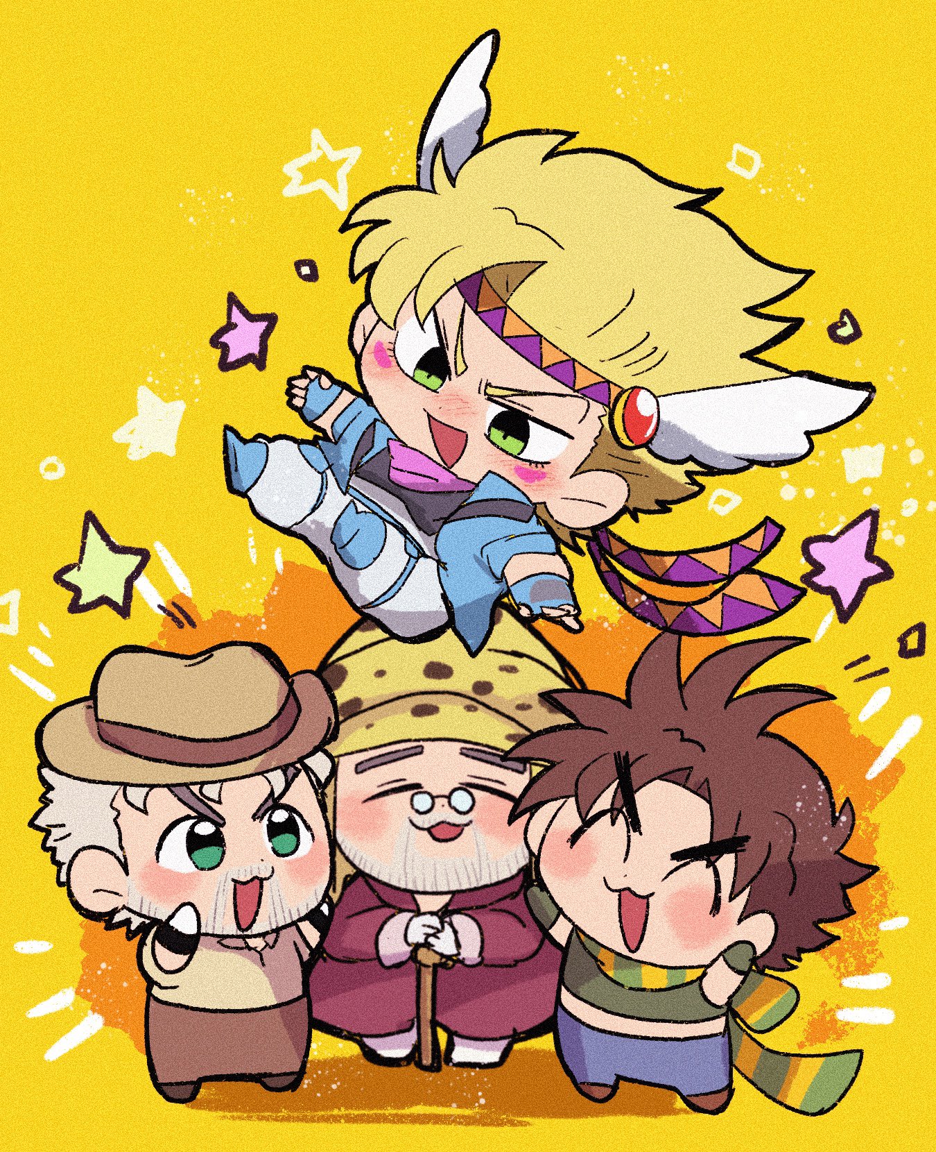 motu705, caesar anthonio zeppeli, joseph joestar, joseph joestar (old), joseph joestar (young), battle tendency, diamond wa kudakenai, jojo no kimyou na bouken, stardust crusaders, highres, 4boys, :3, arms up, beard, blonde hair, blush stickers, brown hair, cane, chibi, closed eyes, crop top, facial hair, facial mark, fingerless gloves, glasses, gloves, green eyes, hat, headband, male focus, multiple boys, multiple persona, old, old man, open mouth, pince-nez, scarf, smile, star (symbol), striped clothes, striped scarf, yellow background