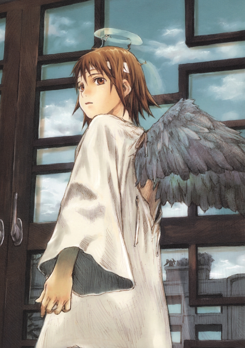 abe yoshitoshi, rakka (haibane), haibane renmei, highres, non-web source, official art, 00s, angel wings, brown eyes, brown hair, halo, looking back, messy hair, solo, wings