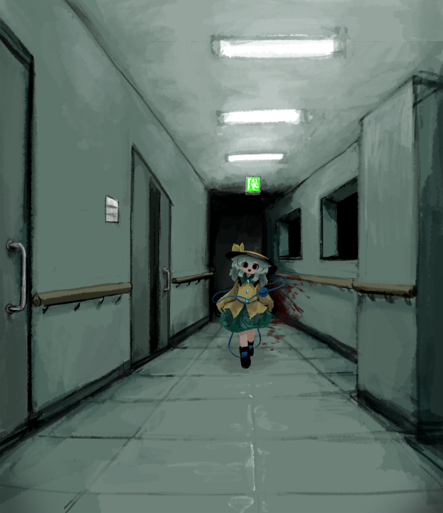 heripantomorrow, komeiji koishi, touhou, 1girl, black boots, black eyes, black hat, blood, blood splatter, boots, buttons, diamond button, door, emergency exit, exit sign, eyeball, floral print, frilled shirt collar, frilled sleeves, frills, green hair, green skirt, hallway, hat, hat ribbon, horror (theme), ribbon, rose print, shirt, skirt, solo, third eye, yellow ribbon, yellow shirt