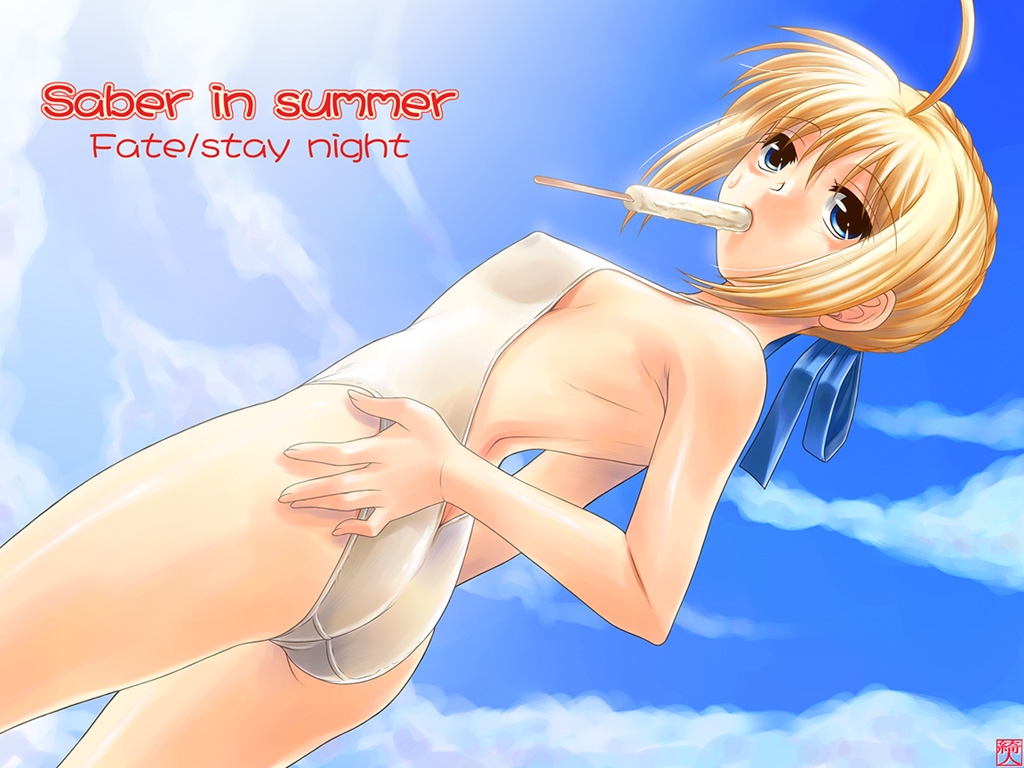 ayato, artoria pendragon (fate), saber (fate), fate/stay night, fate (series), 00s, 1girl, ahoge, alternate costume, ass, backless outfit, blonde hair, blue eyes, breasts, casual one-piece swimsuit, cloud, covered erect nipples, day, dutch angle, english text, female focus, food, hair ribbon, hand on own hip, hip focus, looking back, mouth hold, one-piece swimsuit, popsicle, ribbon, sky, small breasts, solo, sweatdrop, swimsuit, trefoil
