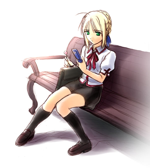 norizou type-r, artoria pendragon (fate), saber (fate), fate/stay night, fate (series), 00s, ahoge, alternate costume, blonde hair, candy, cellphone, food, green eyes, hair ribbon, homurabara academy school uniform, lollipop, phone, ribbon, school uniform, serafuku, sketch, skirt, solo
