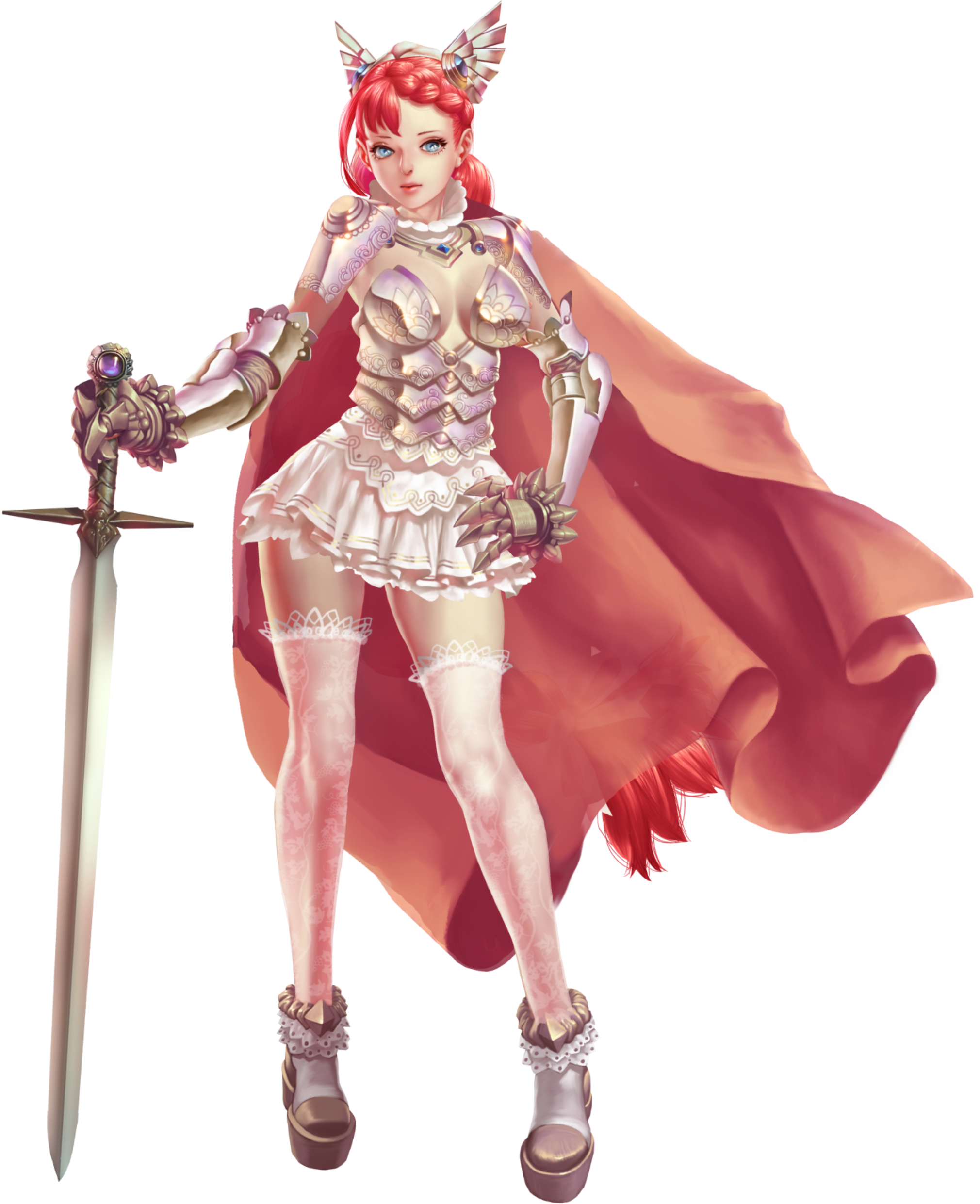 crystal maiden (series), absurdres, artist request, game cg, highres, official art, variant set, 1girl, armor, blue eyes, bow, breasts, cape, cleavage, closed mouth, full body, hair bow, hand on own hip, holding, holding sword, holding weapon, long hair, red hair, selena (crystal maidens), skirt, solo, sword, transparent background, very long hair, weapon, white bow, white skirt