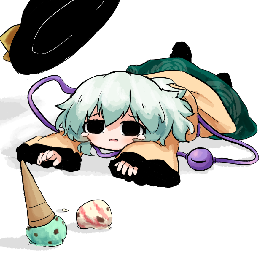 heripantomorrow, komeiji koishi, touhou, 1girl, black eyes, black hat, eyeball, floral print, food, food on floor, frilled sleeves, frills, green hair, green skirt, hat, hat ribbon, ice cream, ribbon, rose print, shirt, skirt, solo, tears, third eye, tripping, unworn headwear, white background, wide sleeves, yellow ribbon, yellow shirt