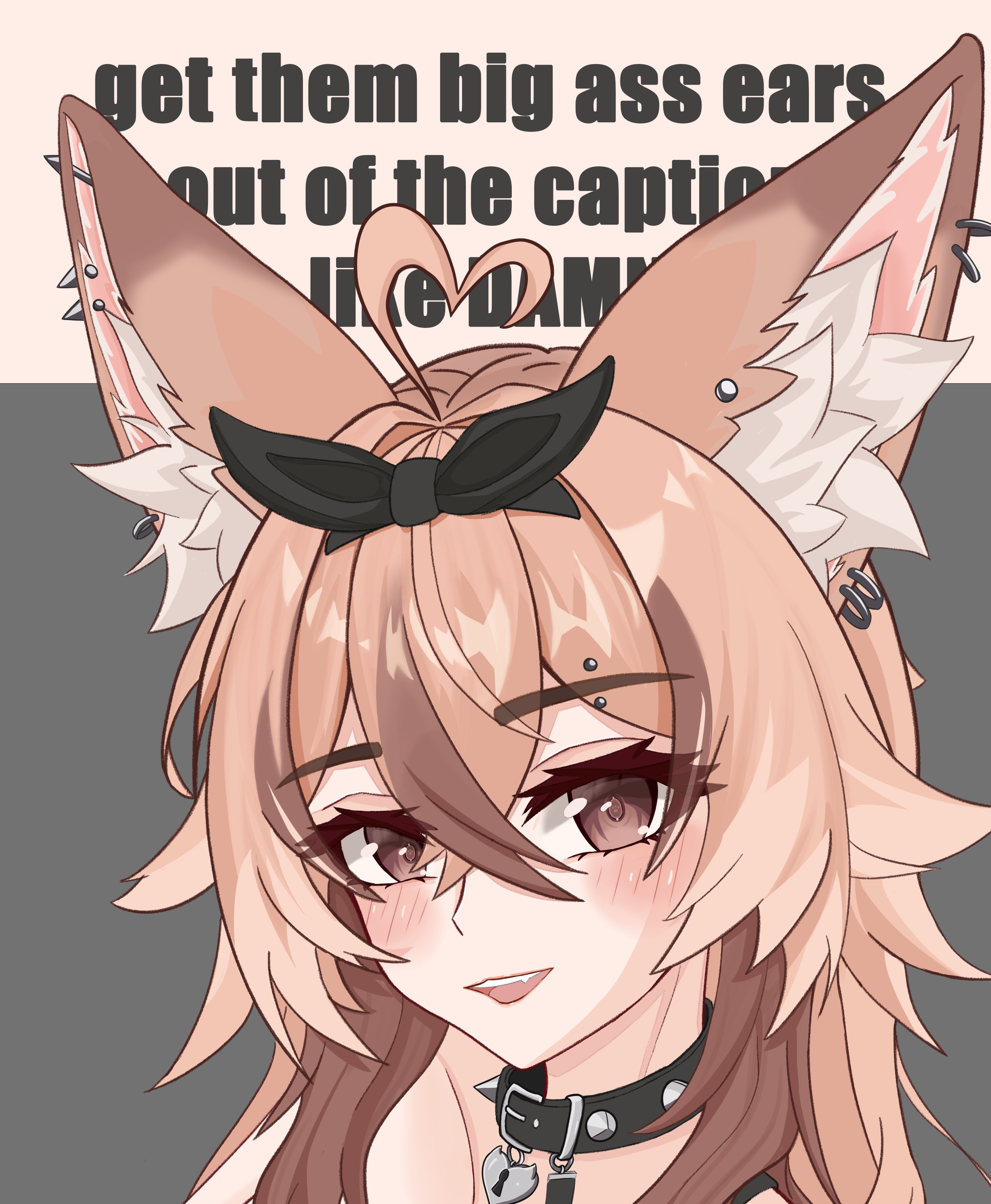 indie virtual youtuber, absurdres, commentary, english commentary, highres, unfinished, 1girl, ahoge, animal ear fluff, animal ear piercing, animal ears, anti-eyebrow piercing, belt collar, black bow, black collar, blush, bow, brown eyes, brown hair, caption, collar, crossed bangs, double-parted bangs, effinfox, face piercing, fang, fennec fox, fox ears, fox girl, get them bigass ears out of the caption (meme), grey background, hair between eyes, hair bow, heart, heart-shaped lock, heart ahoge, long hair, looking at viewer, meme, multiple piercings, open mouth, piercing, portrait, smile, solo, spiked collar, spikes, the real seed, virtual youtuber