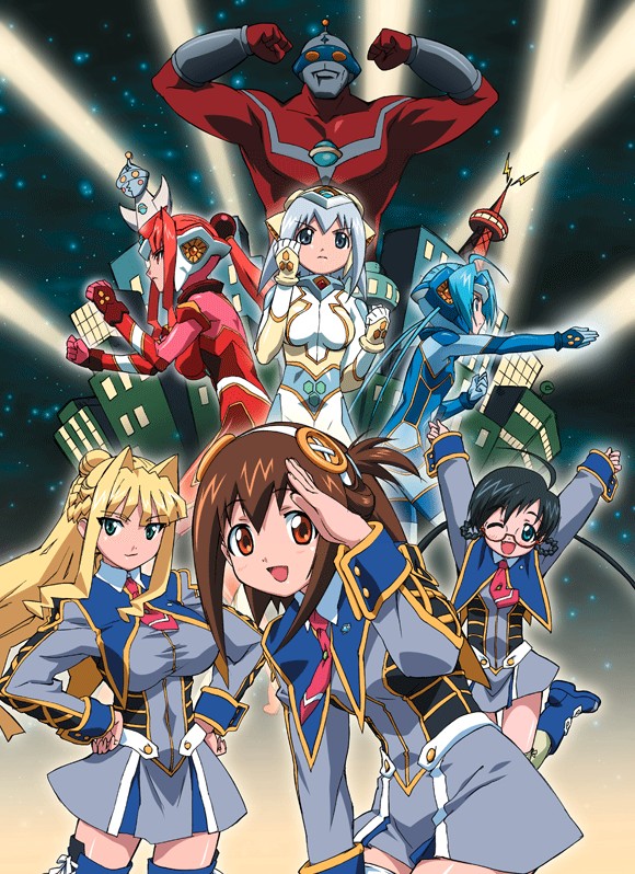 morioka hideyuki, koharuno silk, moroboshi tsubomi, ootori vivienne, ufoman, ultimate girl, official art, 00s, 3girls, :d, ahoge, antenna hair, arms up, black hair, blonde hair, blue bodysuit, blue eyes, blue hair, blue thighhighs, bodysuit, boots, braid, breasts, brown hair, building, capelet, dress, dual persona, everyone, fighting stance, flat chest, giant, giantess, glasses, green eyes, green thighhighs, hair bun, hairband, helmet, jumping, large breasts, leaning forward, long hair, magical girl, multiple giantesses, multiple girls, muscular, necktie, night, night sky, one eye closed, open mouth, orange eyes, ponytail, red hair, ribbon, salute, school uniform, serafuku, short dress, short hair, short twintails, single hair bun, sky, smile, standing, thigh gap, thighhighs, twin braids, twintails, white hair, white thighhighs, wrist cuffs, zettai ryouiki
