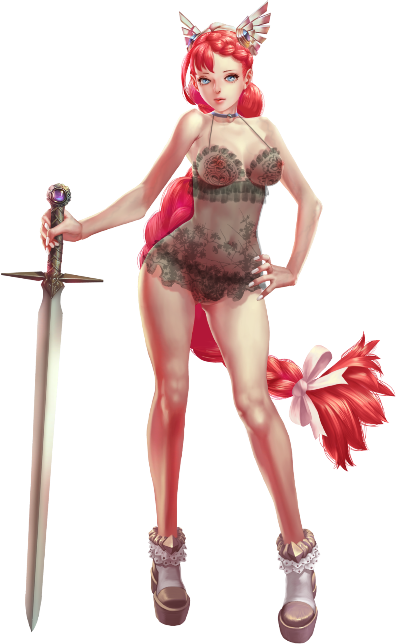 crystal maiden (series), absurdres, artist request, game cg, highres, official art, variant set, 1girl, bare arms, bare legs, bare shoulders, blue eyes, bow, breasts, cleavage, closed mouth, collar, covered erect nipples, covered navel, floral print, full body, hair bow, hand on own hip, holding, holding sword, holding weapon, long hair, pussy, red hair, see-through clothes, selena (crystal maidens), skirt, solo, sword, transparent background, very long hair, weapon, white bow