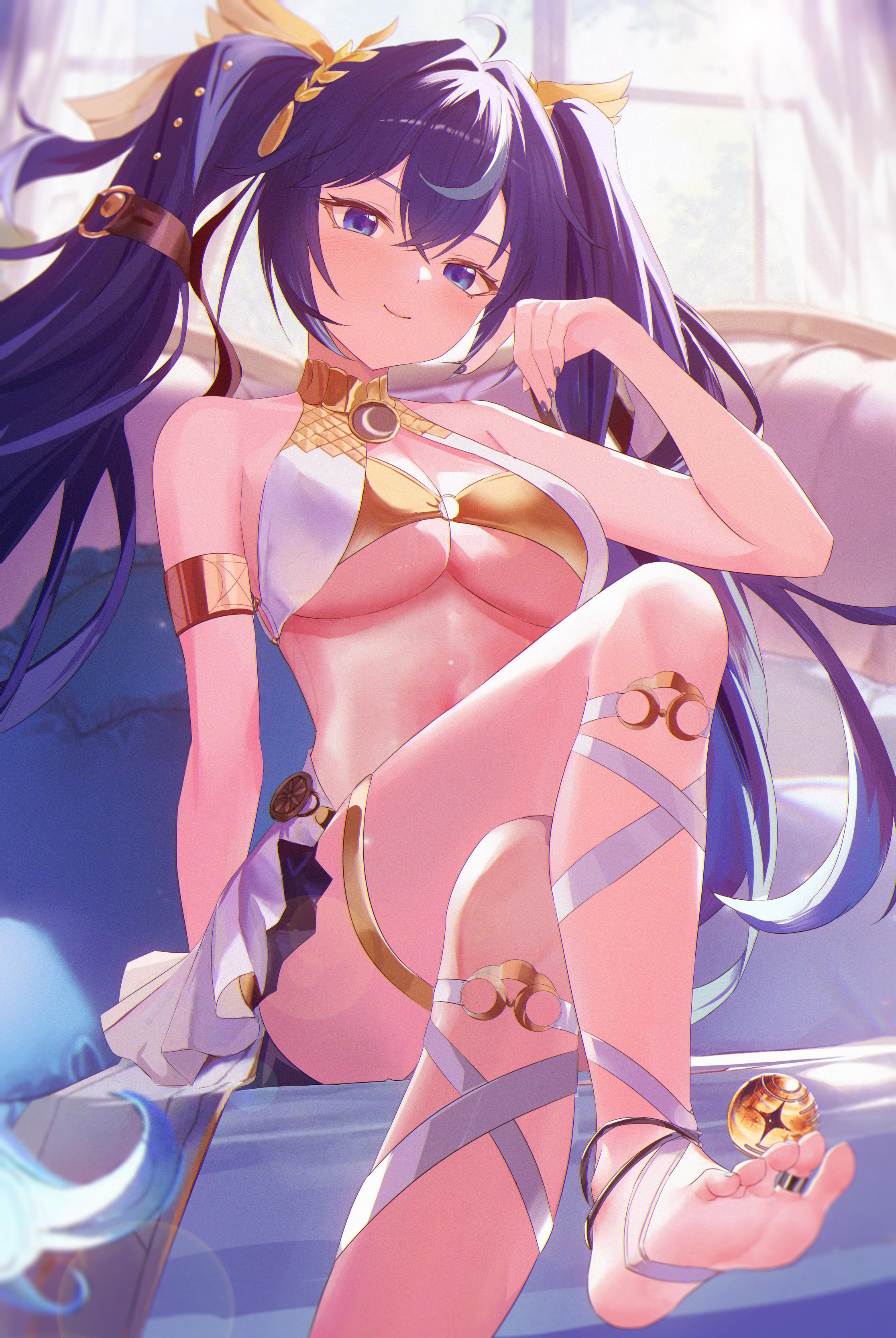 iuno (wuthering waves), wuthering waves, absurdres, highres, 1girl, barefoot, blue eyes, blue hair, blush, crossed legs, feet, jygfams, long hair, looking at viewer, smile, soles, toes, twintails
