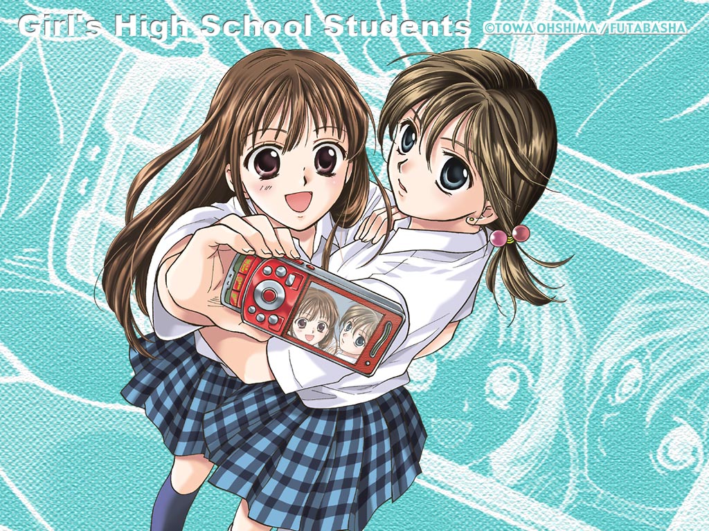 ooshima towa, suzuki yuma, takahashi eriko, joshi kousei, 2girls, brown hair, camera phone, cellphone, cellphone photo, english text, engrish text, hair bobbles, hair ornament, multiple girls, phone, plaid clothes, plaid skirt, pleated skirt, ranguage, school uniform, serafuku, skirt, zoom layer